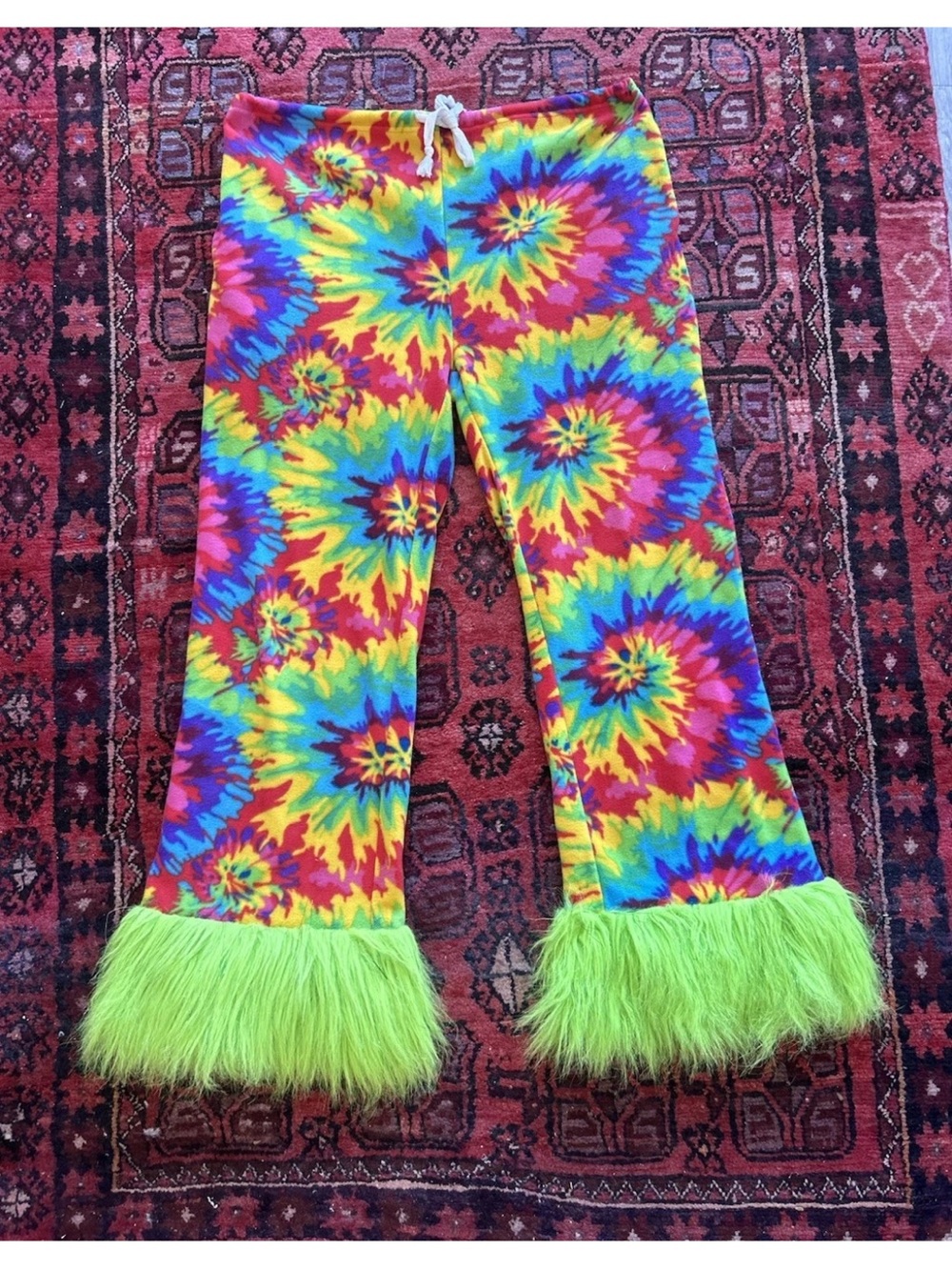 Grandma Pants Tie Dye Faux Fur Bell Bottom Festival Rave Pants L Burning Man - Picture 14 of 14